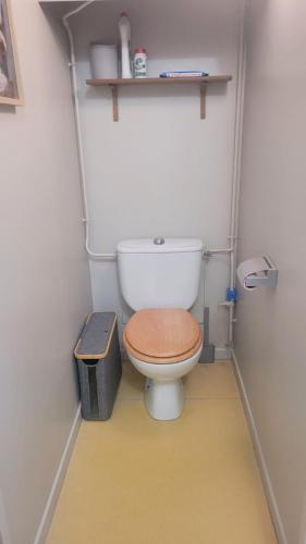 Elle comprend une petite salle de bains pourvue de toilettes et d'un siège en bois. dans l'établissement Appartement BARBOTAN LES THERMES, à Cazaubon