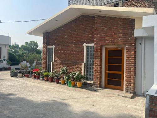 a brick building with a row of potted plants at Green Backpacker's Hostel and Homestay in Amritsar