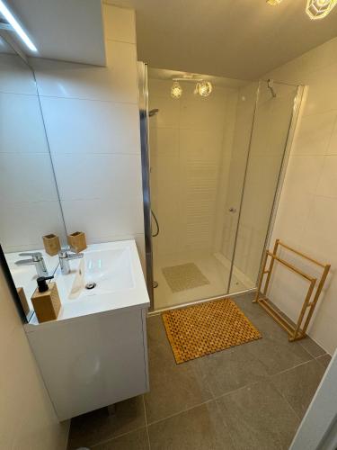 une salle de bain avec un lavabo blanc et une douche dans l'établissement AO Duplex 82 m2, à Vars