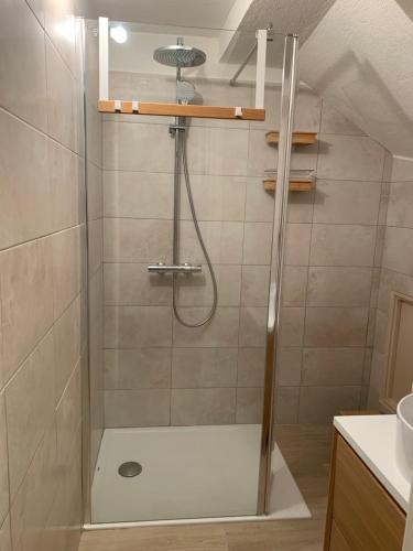 a shower with a glass door in a bathroom at T2 en rez-de-jardin en plein coeur de la Londe les Maures in La Londe-les-Maures
