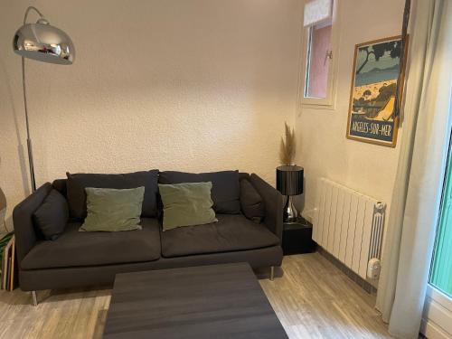 a living room with a brown couch and a lamp at Maison individuelle plein coeur d'Argelès sur Mer in Argelès-sur-Mer