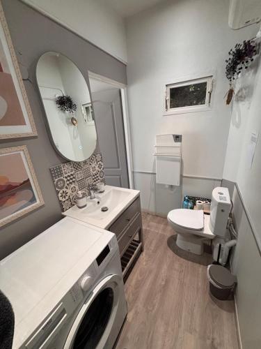 une salle de bain avec une machine à laver et un lavabo dans l'établissement Les Mésanges, à Castelnau-le-Lez