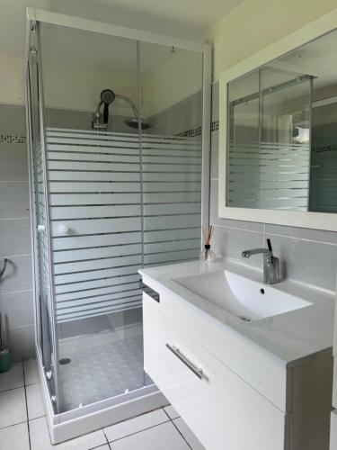 une salle de bain avec un lavabo et une douche en verre dans l'établissement I Tre Taglincchi, U Terzu - Proche mer, Clim, Wifi, Parking gratuit, à Taglio-Isolaccio