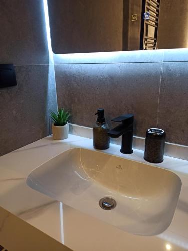 a bathroom sink with a soap dispenser on it at Sodi Cozy apartment in Kardítsa