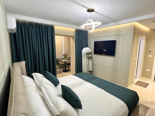 a bedroom with a large bed and a television at The Harmony Duo in Tirana