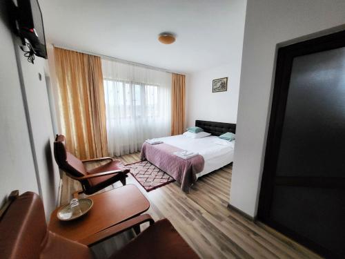 una camera da letto con un letto, una scrivania e una sedia di Pensiunea Dana a Horezu