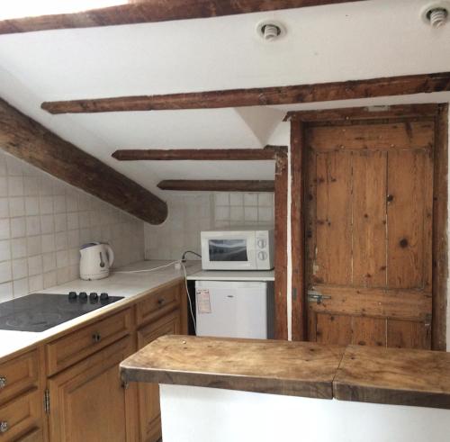 une cuisine avec un réfrigérateur et un micro-ondes dans l'établissement Garibaldi mansardé, à Nice