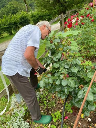 an older man standing in a garden with a hose at Agriturismo Pian dei Tass in Barcis
