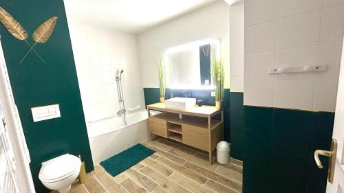 ein Badezimmer mit Toilette, Waschbecken und Spiegel in der Unterkunft Cottage chateau de la loire in Chaveignes