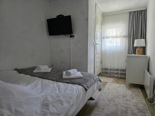 a bedroom with a bed and a tv on the wall at Къща за гости ВИРА in Yasă-Koriya