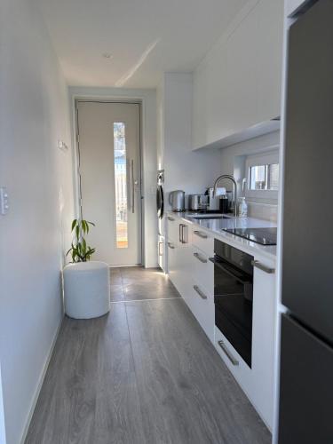 a kitchen with white cabinets and a potted plant at Takitimu Villa Remarkables View - Boutique Luxury, Private Bath with Stunning View in Queenstown