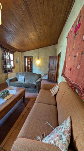 a living room with two couches and a couch at Casa Rural Casaplana, grupos grandes, 1500m2 de casa, piscina privada y patio, 2 barbacoas, Zona Prepirineo in Calasanz