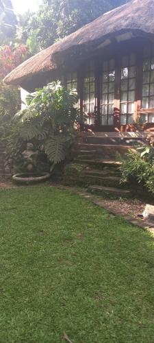 a house with a building with a grass at Robin's Thatch Studio- bush camp in the suburbs-sleeps 2 in Pinetown