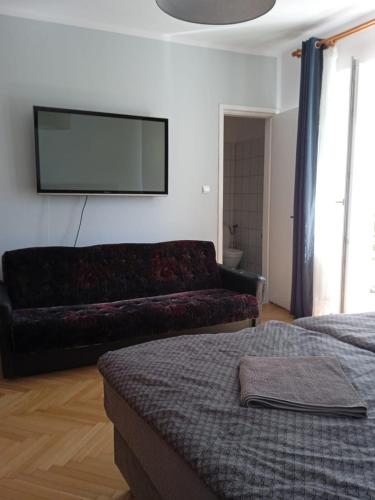 a living room with a couch and a flat screen tv at Willa Plater in Ciechocinek