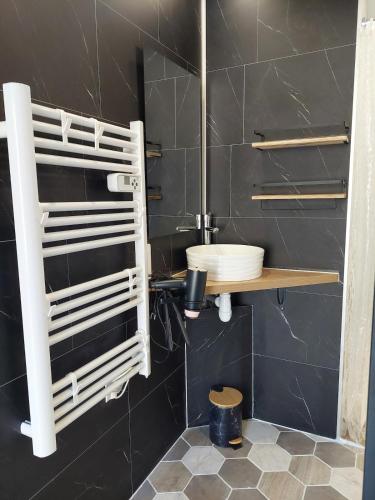 La salle de bains est pourvue de toilettes et d'un mur noir. dans l'établissement Appartement adapté PMR 4 personnes Saint Gervais les Bains, à Saint-Gervais-les-Bains