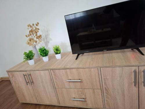 a tv on a wooden dresser with plants on it at ReLaX in Kula