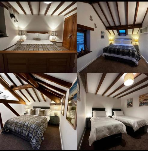 three pictures of a room with two beds and a ceiling at Hay On Wye Welsh Townhouse in Hay centre in Hay-on-Wye