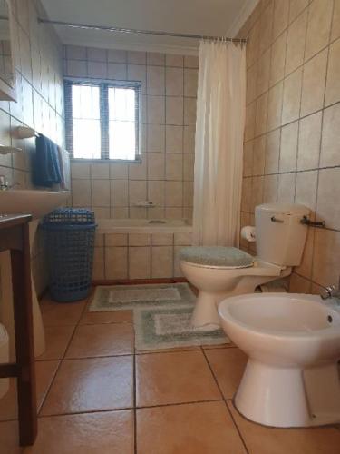 a bathroom with a toilet and a sink and a tub at Annes Place in Vosburg