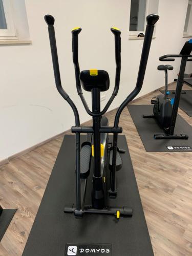 a gym with two exercise bikes on a treadmill at Hotel Weingarten in Caldaro