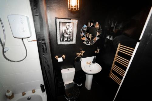 a bathroom with a white toilet and a sink at Play Queen - A Playful Unique Hot Tub Retreat in Sedgley