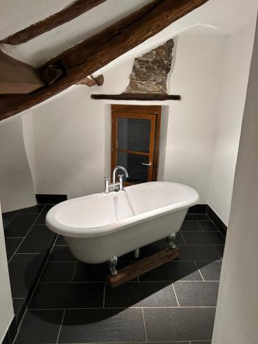 a bathroom with a white bath tub in a room at Beautiful Big Home with Swimming Pool and Nature Grounds in Auterrive