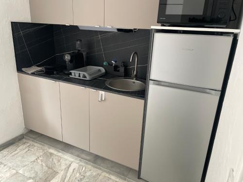 La cuisine est équipée d'un réfrigérateur et d'un évier. dans l'établissement Studio 100m plage, à Cagnes-sur-Mer