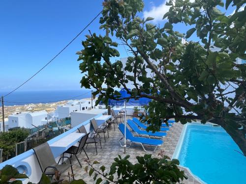 uma piscina com cadeiras azuis e vista para o oceano em Stella Nomikou Apartments em Firostefani