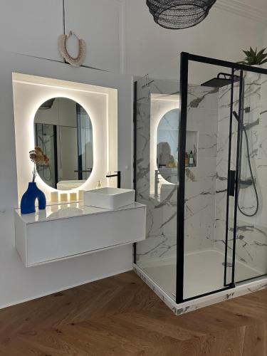 une salle de bain avec douche et miroir dans l'établissement SÉRENITÉ Apartment 4 p Historic Normandy District, à Caen