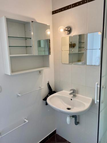 une salle de bain blanche avec un lavabo et un miroir dans l'établissement Beau studio 3 étoiles au bord du lac parking privé gratuit, à Veyrier-du-Lac