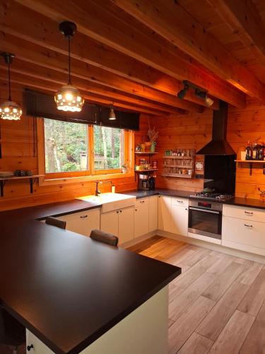 una cocina con encimera negra en una cabaña en Innersoulhouse, en Wuustwezel