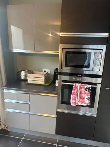 une cuisine avec une cuisinière et un micro-ondes dans l'établissement Studio avec jardin Route des sanguinaires Barbicaja, à Ajaccio