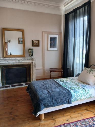 a bedroom with a bed and a fireplace and a mirror at Villa Toscane in Saint-Germain-Lembron