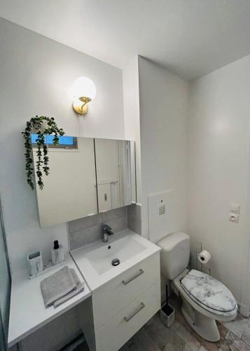 une salle de bain blanche avec des toilettes et un lavabo dans l'établissement Tour Eiffel Bir Hakeim 2, à Paris