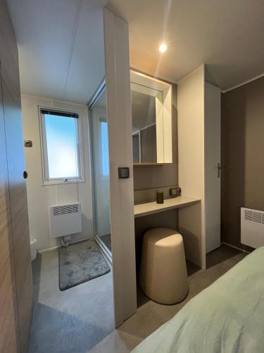 une salle de bain avec un lavabo, des toilettes et un miroir dans l'établissement Mobile Home 6 personnes, à Seignosse