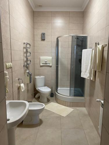 a bathroom with a toilet and a shower and a sink at In hotel in Kamianets-Podilskyi