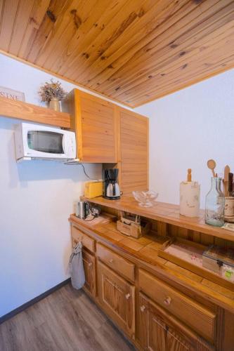 - une cuisine avec un comptoir en bois et un four micro-ondes dans l'établissement Cozy studio à coté du lac, à Jausiers