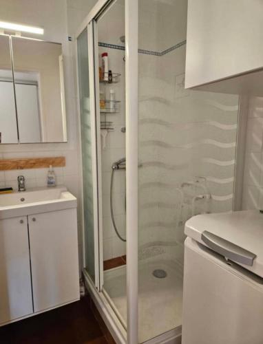 une salle de bain blanche avec une douche et un lavabo dans l'établissement L'authentique - Roquille - Histoire de clés, au Cap d'Agde