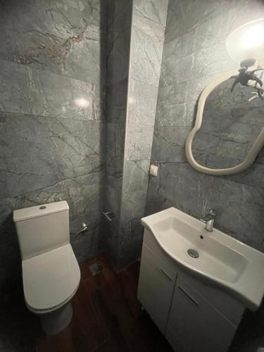 a bathroom with a toilet and a sink and a mirror at Country treasure in Nea Michaniona