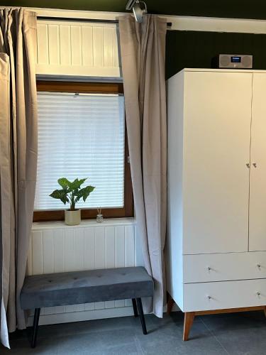 a bedroom with a window with a plant sitting on a bench at 5 Sterne Ferienwohnung im Schwarzwald Schramberg in Schramberg