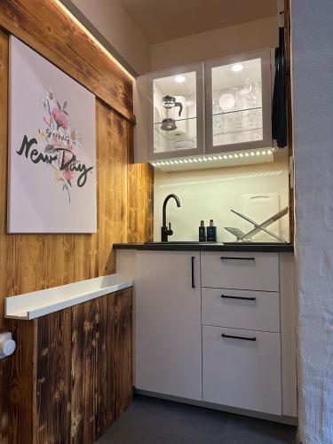 a kitchen with white cabinets and a sink at 5 Sterne Ferienwohnung im Schwarzwald Schramberg in Schramberg