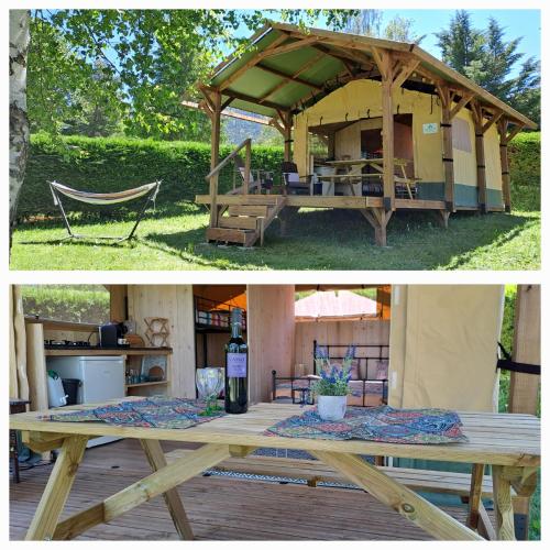 deux photos d'une table de pique-nique et d'un gazebo dans l'établissement grote lodge safaritent 4, à Camurac