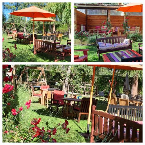 trois photos de tables, de chaises et d'un parasol dans l'établissement grote lodge safaritent 4, à Camurac