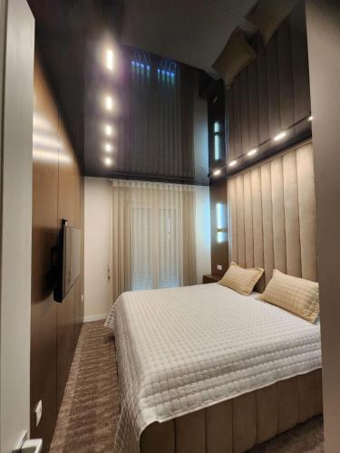 a bedroom with a large bed and a television at Harmony Apartments in Podgorica