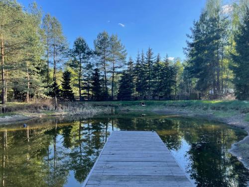 a wooden dock in the middle of a lake at SHROOM & WATER chill calm nature 2 houses 8 person in Nowe Grobice