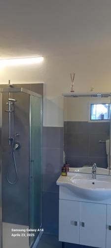 a bathroom with a glass shower and a sink at Cottage sul golfo in Lerici