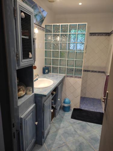 une salle de bain avec un lavabo et une douche dans l'établissement villa with pool, à Rochefort-du-Gard