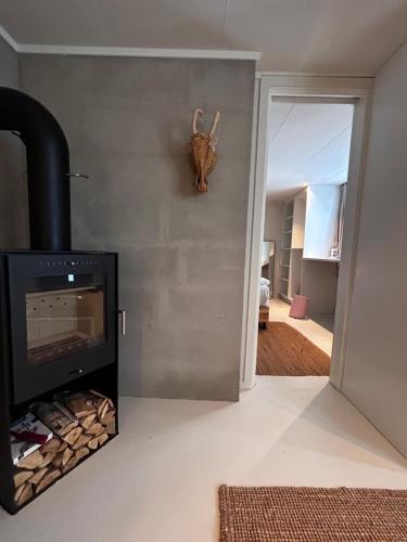 a fireplace in a living room with a cat on the wall at Casa Lofoten Ramberg Beach Sauna Surfing Kvalvika Reine in Ramberg