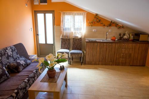 科托尔Piano apartments的客厅里有一张沙发和一张桌子。