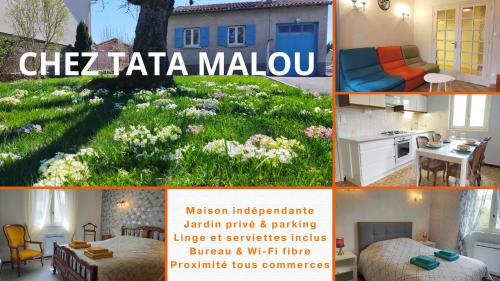 un collage de photos d'une maison avec un jardin dans l'établissement Chez Tata Malou - Maison avec jardin, cour fermée, proche toutes commodités, à Saint-Julien-Chapteuil