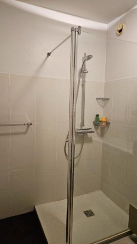 une douche avec une porte vitrée dans une salle de bain dans l'établissement Saint-Laurent-du-Var Apartment à 2 pas du port, à Saint-Laurent-du-Var